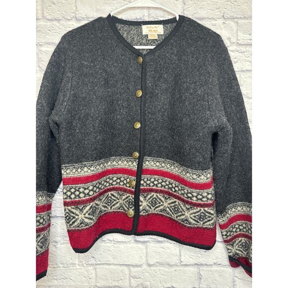 Tally Ho Vintage Nordic 100% Wool Cardigan Gray Black Red White Buttons SMALL - Picture 1 of 4